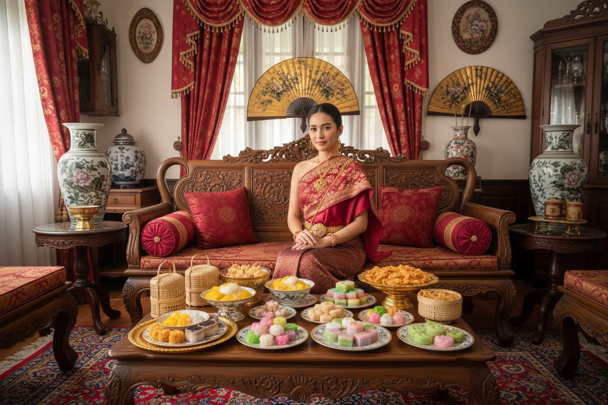 beautiful thai girl sitting on the sofa in a traditional thai/oriental living room with red accents surrounded by thai sweets and snack.