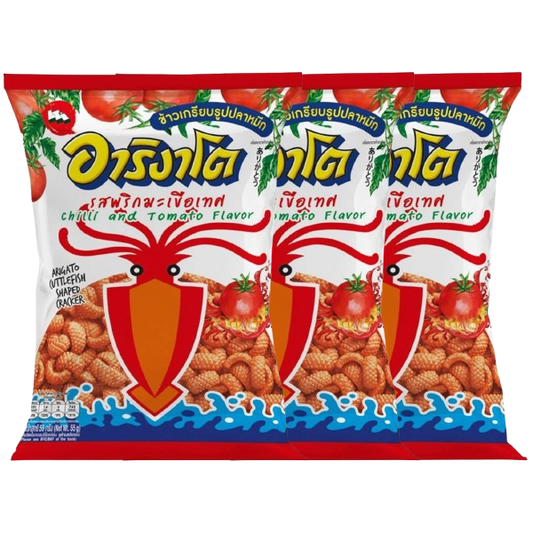 Arigato Squid Crackers - Chili & Tomato Flavor, 55g x 3 Pack
