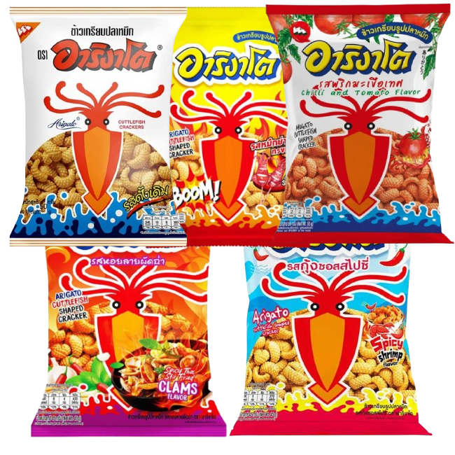 Arigato Squid Crackers Variety Pack - Original, Grilled, Chili & Tomato, Stir-Fried Clams, Spicy Shrimp Sauces (5 Mixed Flavors, 50g Each)