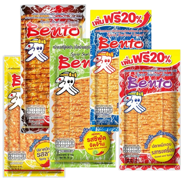 Bento Baked Squid Snack Mix - Spicy, Larb, Korean Spicy, Seafood & Seasoned Flavors (Pack of 5)