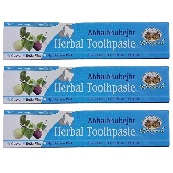Abhaibhubejhr Herbal Toothpaste with Guava Leaf, Betel, and Mangoesteen - 70g Pack of 3 - Made in Thailand