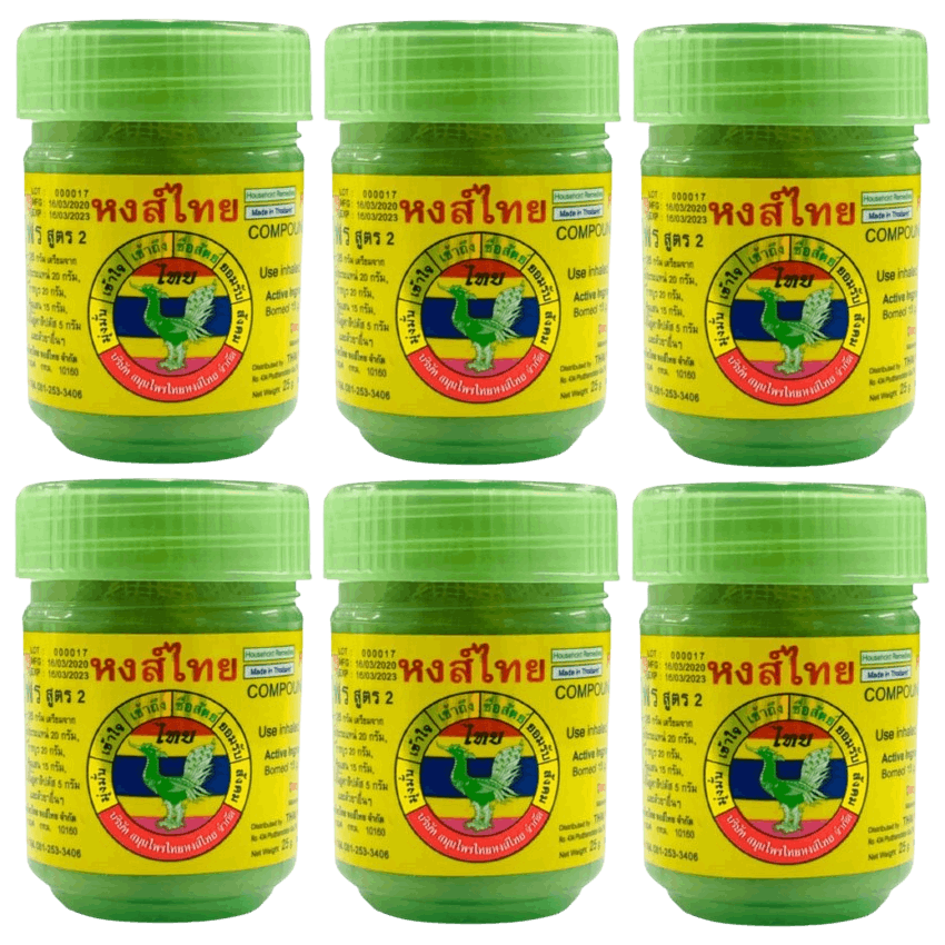 Hong Thai Green Traditional Thai Herbal Inhaler Yadom - Nasal Inhalant Pack of 6 - Made in Thailand