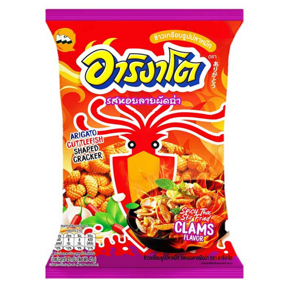 Arigato Squid Crackers Variety Pack - Original, Grilled, Chili & Tomato, Stir-Fried Clams, Spicy Shrimp Sauces (5 Mixed Flavors, 50g Each)
