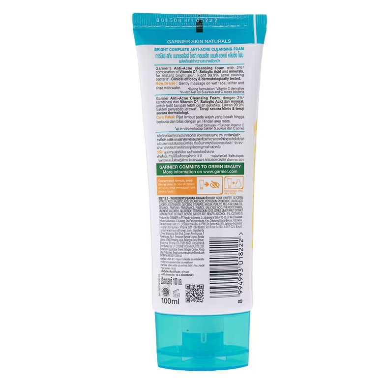 Garnier Bright Complete Anti-Acne Cleansing Foam 100ml – Clearer, Brighter Skin