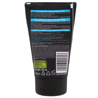 Garnier Men Oil Control 3-in-1 Charcoal Face Wash, Scrub & Mask 100ml