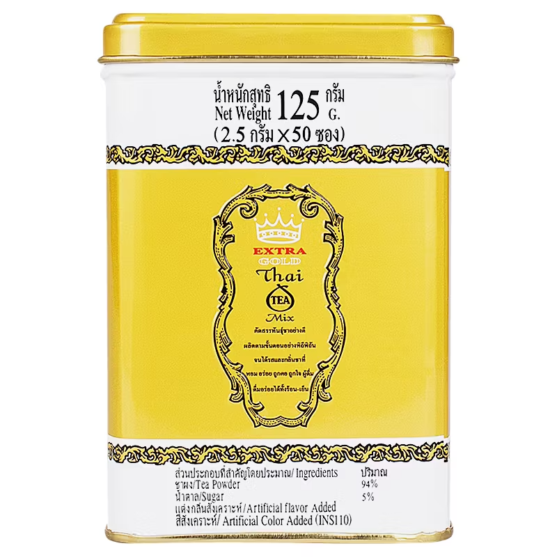 Cha Tra Mue Original Thai Tea - Gold Label, Tin Pack (50 Bags of 2.5g Each)