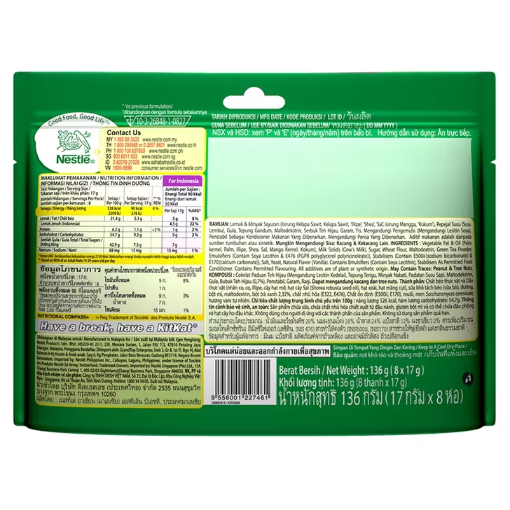 KitKat Green Tea Sharebag 17g - Pack of 8 | Made in Malaysia