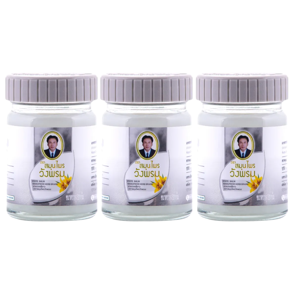 Wang Prom White Herbal Balm - Natural Pain Relief for Muscle, Back & Joints - Pack of 3 50g - Made in Thailand
