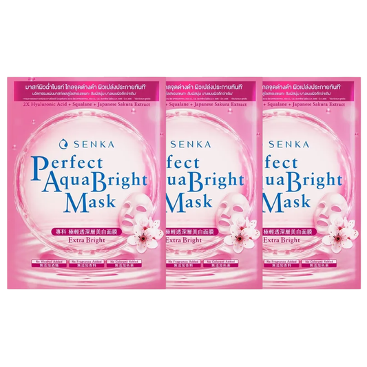 Senka Perfect Aqua Bright Mask - Extra Brightening with Double Hyaluronic Acid & Japanese Sakura, Pack of 3