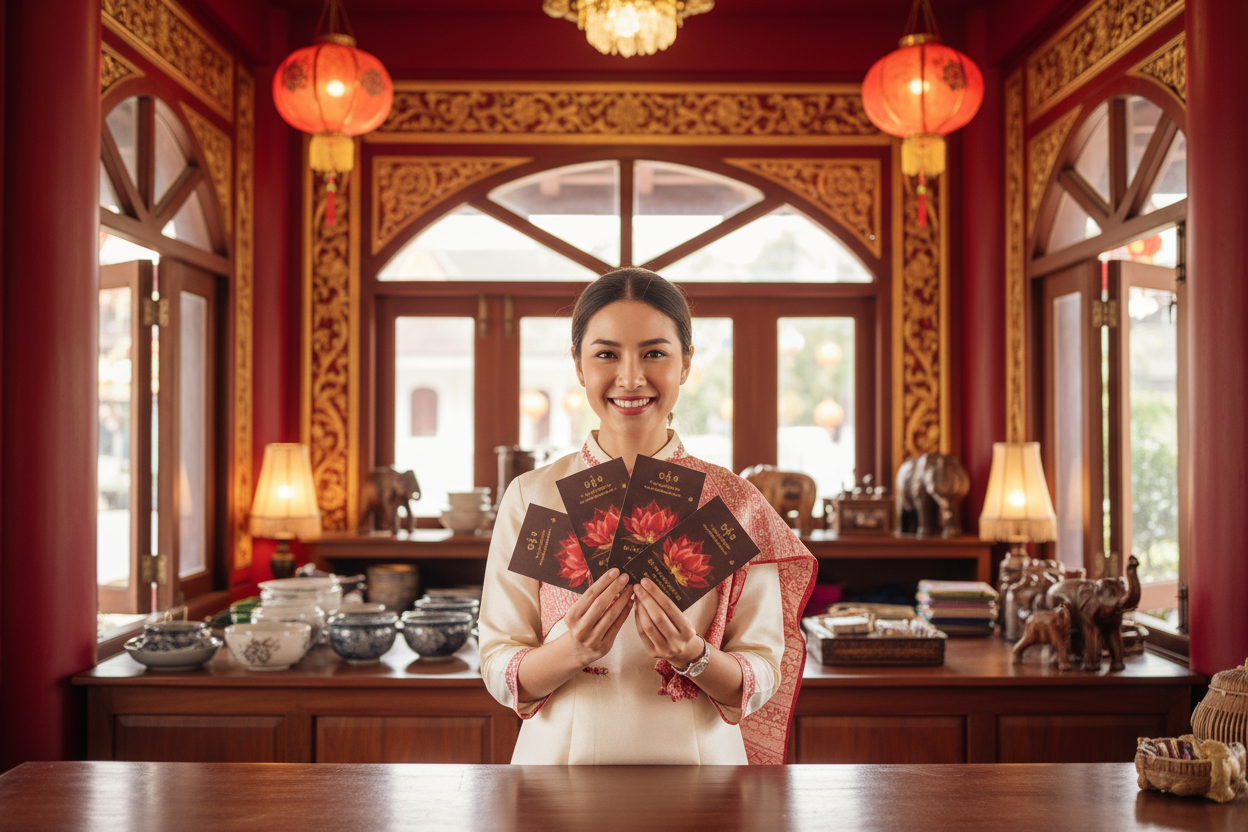 beautiful smiling thai girl holding a series of giftcards with the lotus flower (red) on the front. she is stood at a counter in a traditional thai shop accented in red