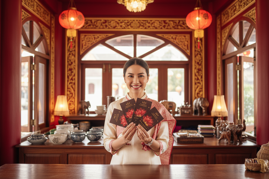 beautiful smiling thai girl holding a series of giftcards with the lotus flower (red) on the front. she is stood at a counter in a traditional thai shop accented in red