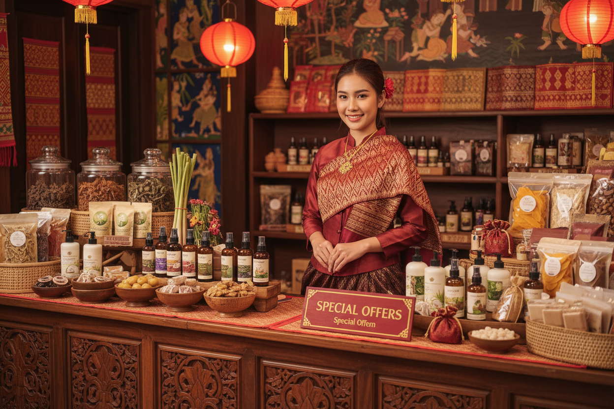 beautiful thai girl standing at a counter surrounded by traditional thai products from herbal remedies, bath & body, skin care sweets & snack etc. use red accents and add a small sign that says "Special Offers" 