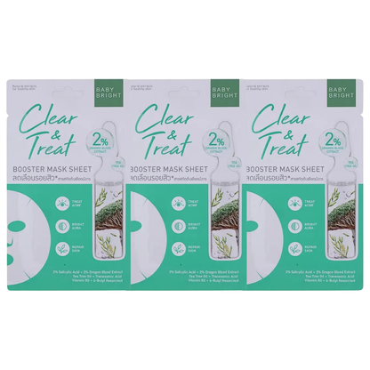 Baby Bright Clear & Treat Booster Mask Sheet 20g (Pack of 3) for Acne & Brightening