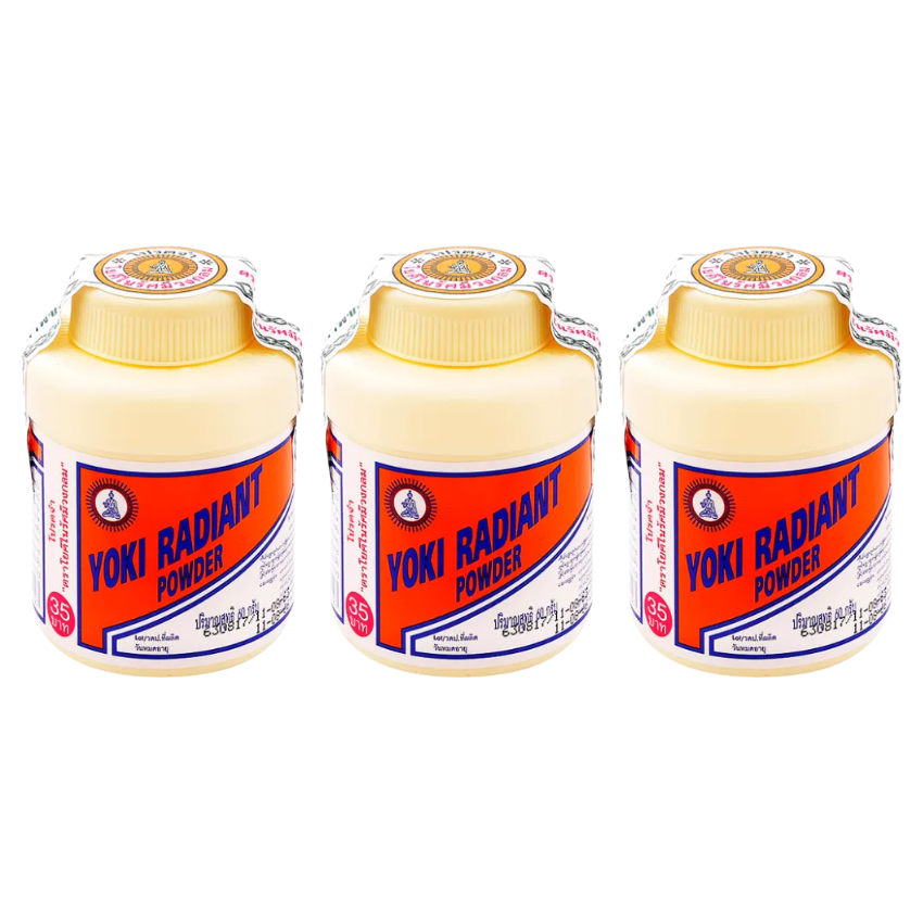 Yoki Powder Radiant Anti-Bacterial Deodorant - Acne & Skin Care - Reduce Rashes & Shoe Odor - Cooling 60g (Pack of 3) - Made in Thailand
