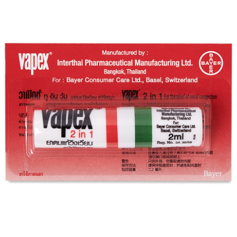 Vapex Menthol Nasal Inhaler for Cold, Congestion, Dizziness Relief - 6 Pack (2 ml Each) - Made in Thailand