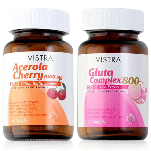 Vistra - Bundle - Skin Beauty Gluta Complex 800 Plus Rice Extract (30 Tablets) + Acerola Cherry 1000mg Plus Citrus Bioflavavonoids (45 Tablets)