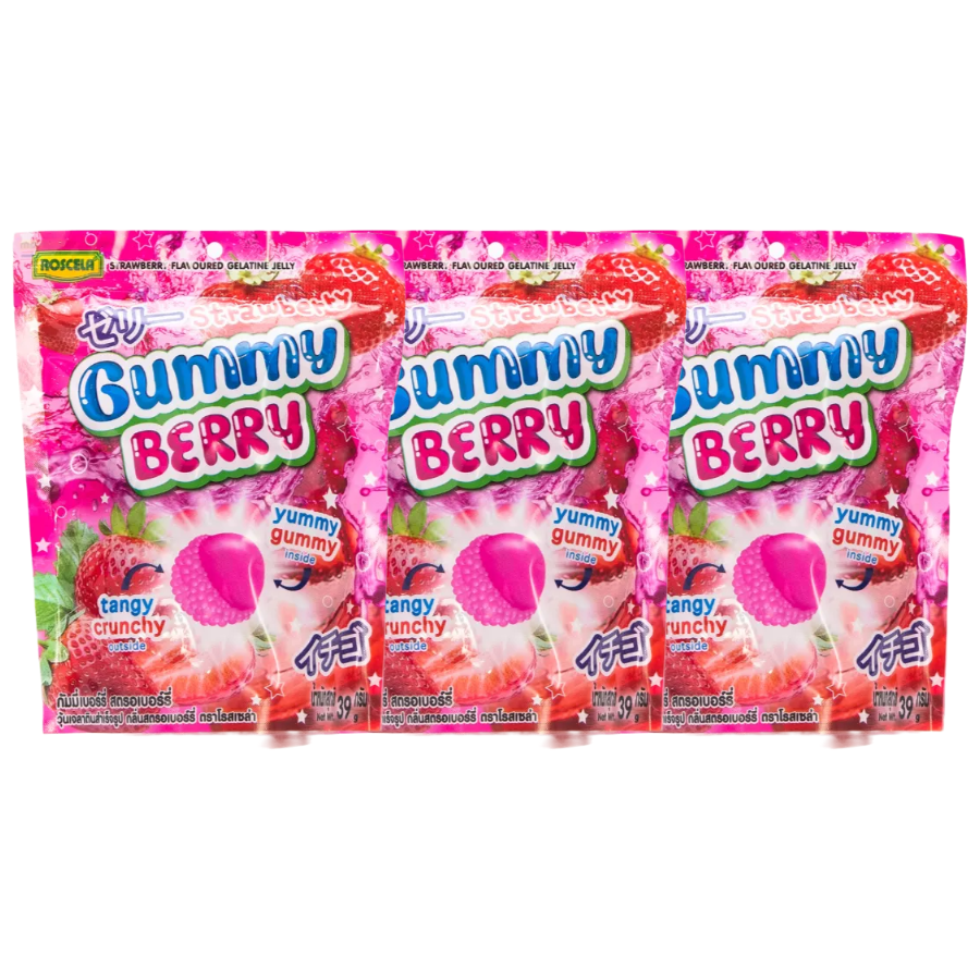 Roscela Strawberry Gummy Berry - 39g (Pack of 3) - Juicy & Chewy Fruit Candy