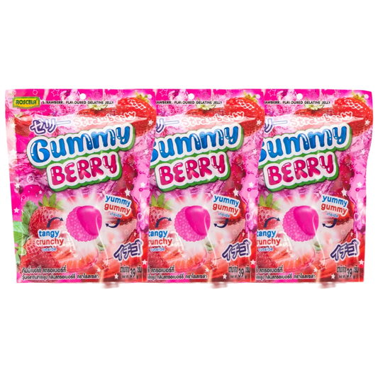 Roscela Strawberry Gummy Berry - 39g (Pack of 3) - Juicy & Chewy Fruit Candy
