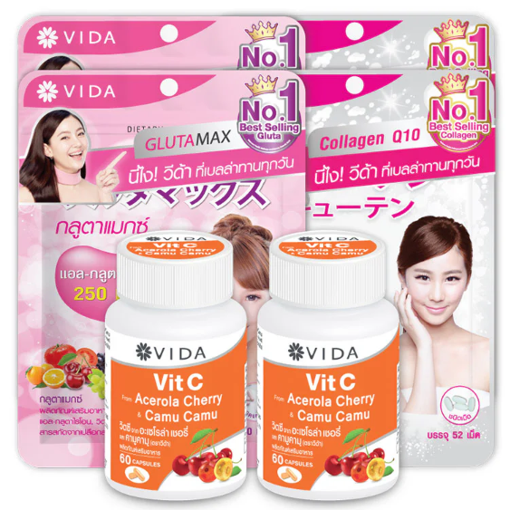 Vida - Bundle - GlutaMax 30 Capsules (2 Sachets) + Collagen Q10 52 Tablets (2 Sachets) + Vit C From Acerola Cherry And Camu Camu 60 Capsules (2 Bottles)