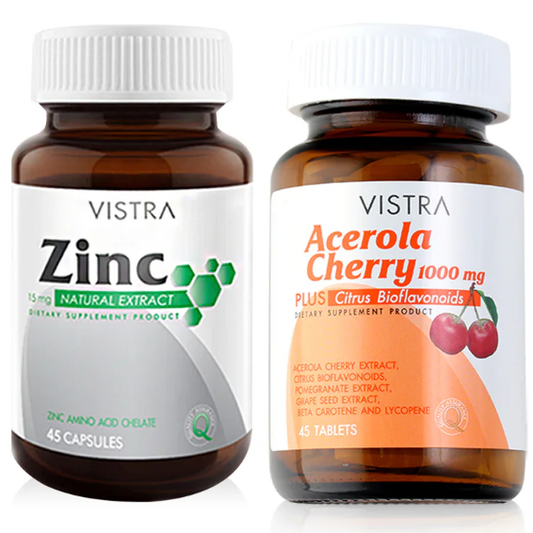 Vistra Skin Booster Bundle: Zinc 15mg (45 Capsules) + Acerola Cherry 1000mg & Citrus Bioflavonoids (45 Tablets)