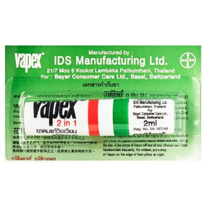 Vapex Menthol Nasal Inhaler for Cold, Congestion, Dizziness Relief - 6 Pack (2 ml Each) - Made in Thailand