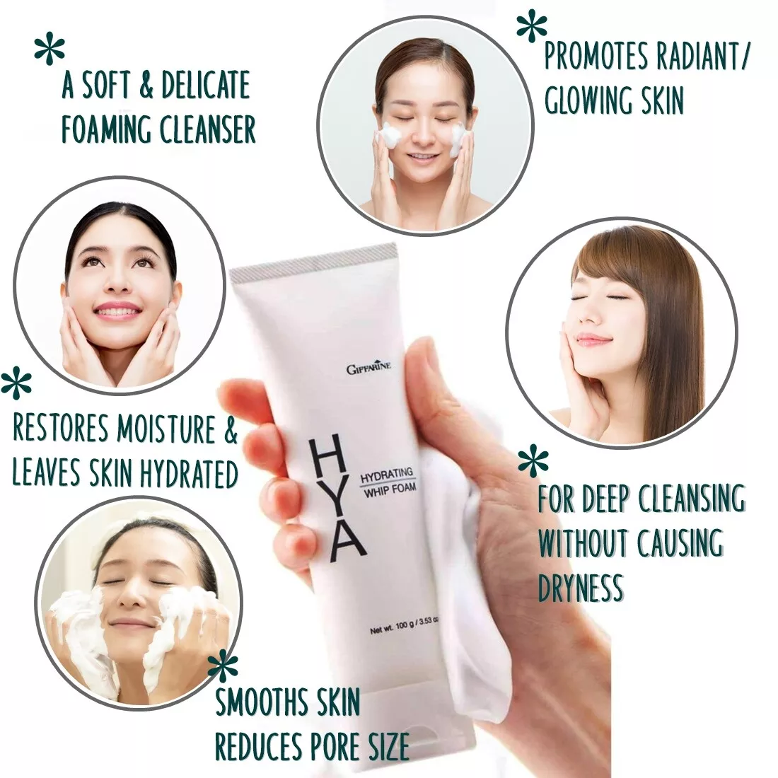 Giffarine Hiya Hydrating Whip Foam 100g - Gentle Moisturizing Facial Cleanser