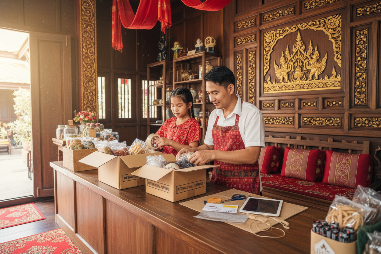 thai man and girl packing goods into boxes at a counter for shipping internationally red accent traditional thai shop